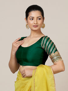 Anisha x Tyohaar | Elbow Sleeves Saree Blouse in Bottle Green