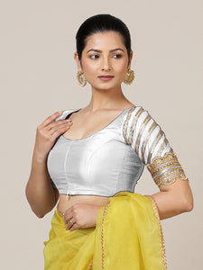 Anisha x Tyohaar | Elbow Sleeves Saree Blouse in Pearl White