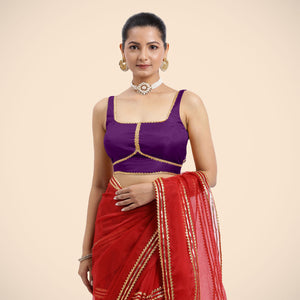 Arya x Tyohaar | Purple Sleeveless FlexiFit™ Saree Blouse with Square Neck and Back Window Embeliished with Gota and Pearl Lace_1