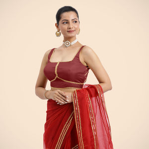 Arya x Tyohaar | Auburn Red Sleeveless FlexiFit™ Saree Blouse with Square Neck and Back Window Embeliished with Gota and Pearl Lace