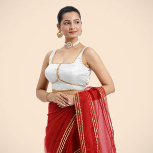  Arya x Tyohaar | Pearl White Sleeveless FlexiFit™ Saree Blouse with Square Neck and Back Window Embeliished with Gota and Pearl Lace_2