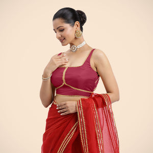 Arya x Tyohaar | Rani Pink Sleeveless FlexiFit™ Saree Blouse with Square Neck and Back Window Embeliished with Gota and Pearl Lace
