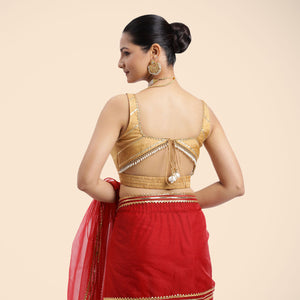 Arya x Tyohaar | Gold Sleeveless FlexiFit™ Saree Blouse with Square Neck and Back Window Embeliished with Gota and Pearl Lace
