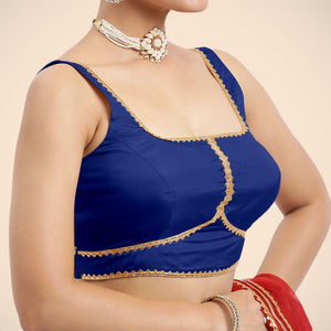  Arya x Tyohaar | Cobalt Blue Sleeveless FlexiFit™ Saree Blouse with Square Neck and Back Window Embeliished with Gota and Pearl Lace_5