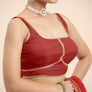 Arya x Tyohaar | Crimson Red Sleeveless FlexiFit™ Saree Blouse with Square Neck and Back Window Embeliished with Gota and Pearl Lace