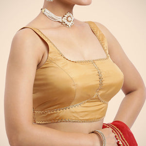  Arya x Tyohaar | Gold Sleeveless FlexiFit™ Saree Blouse with Square Neck and Back Window Embeliished with Gota and Pearl Lace_5