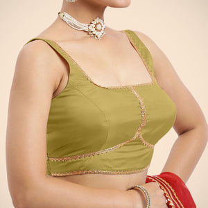 Arya x Tyohaar | Lemon Yellow Sleeveless FlexiFit™ Saree Blouse with Square Neck and Back Window Embeliished with Gota and Pearl Lace