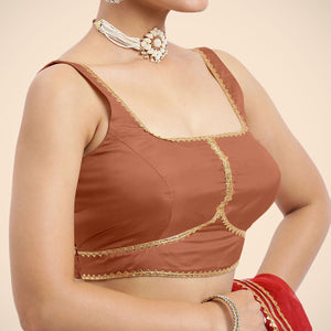  Arya x Tyohaar | Metallic Copper Sleeveless FlexiFit™ Saree Blouse with Square Neck and Back Window Embeliished with Gota and Pearl Lace_5