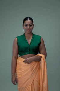  Avni x Rozaana | Bottle Green Sleeveless FlexiFit™ Saree Blouse with Elegant Shawl Collar_1