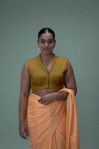  Avni x Rozaana | Bronze Gold Sleeveless FlexiFit™ Saree Blouse with Elegant Shawl Collar_1