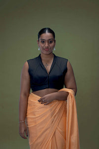  Avni x Rozaana | Charcoal Black Sleeveless FlexiFit™ Saree Blouse with Elegant Shawl Collar_1