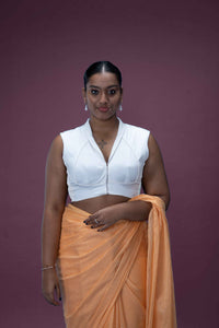  Avni x Rozaana | Pearl White Sleeveless FlexiFit™ Saree Blouse with Elegant Shawl Collar_1