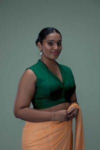  Avni x Rozaana | Bottle Green Sleeveless FlexiFit™ Saree Blouse with Elegant Shawl Collar_2