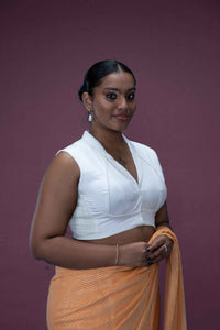 Avni x Rozaana | Pearl White Sleeveless FlexiFit™ Saree Blouse with Elegant Shawl Collar_2