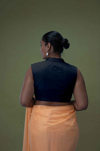  Avni x Rozaana | Charcoal Black Sleeveless FlexiFit™ Saree Blouse with Elegant Shawl Collar_3