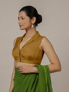 Avni x Rozaana | Bronze Gold Sleeveless FlexiFit™ Saree Blouse with Elegant Shawl Collar