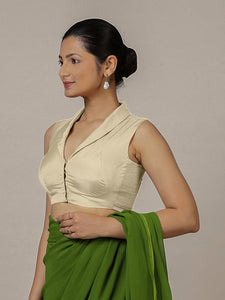 Avni x Rozaana | Cream Sleeveless FlexiFit™ Saree Blouse with Elegant Shawl Collar