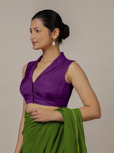 Avni x Rozaana | Purple Sleeveless FlexiFit™ Saree Blouse with Elegant Shawl Collar