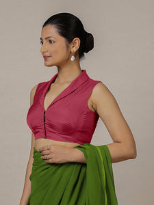 Avni x Rozaana | Rani Pink Sleeveless FlexiFit™ Saree Blouse with Elegant Shawl Collar