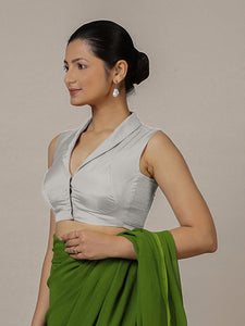 Avni x Rozaana | Silver Sleeveless FlexiFit™ Saree Blouse with Elegant Shawl Collar