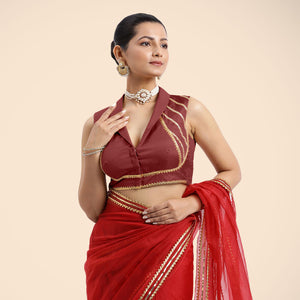  Avni x Tyohaar | Auburn Red Sleeveless FlexiFit™ Saree Blouse with Elegant Shawl Collar with Gota Lace Embellishment_1