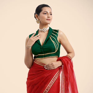  Avni x Tyohaar | Bottle Green Sleeveless FlexiFit™ Saree Blouse with Elegant Shawl Collar with Gota Lace Embellishment_1