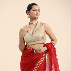  Avni x Tyohaar | Cream Sleeveless FlexiFit™ Saree Blouse with Elegant Shawl Collar with Gota Lace Embellishment_1