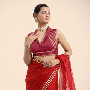 Avni x Tyohaar | Rani Pink Sleeveless FlexiFit™ Saree Blouse with Elegant Shawl Collar with Gota Lace Embellishment