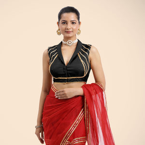  Avni x Tyohaar | Charcoal Black Sleeveless FlexiFit™ Saree Blouse with Elegant Shawl Collar with Gota Lace Embellishment_2