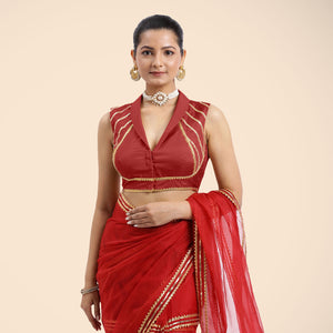 Avni x Tyohaar | Crimson Red Sleeveless FlexiFit™ Saree Blouse with Elegant Shawl Collar with Gota Lace Embellishment
