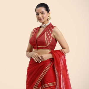  Avni x Tyohaar | Crimson Red Sleeveless FlexiFit™ Saree Blouse with Elegant Shawl Collar with Gota Lace Embellishment_3