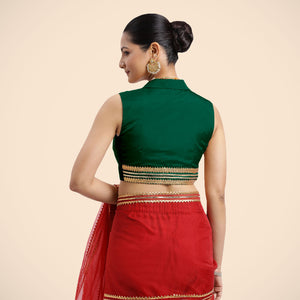 Avni x Tyohaar | Bottle Green Sleeveless FlexiFit™ Saree Blouse with Elegant Shawl Collar with Gota Lace Embellishment_4