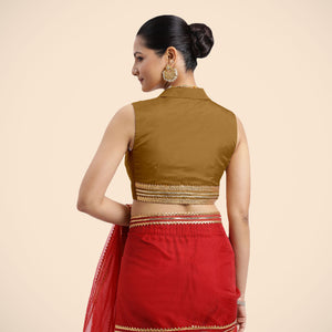  Avni x Tyohaar | Bronze Gold Sleeveless FlexiFit™ Saree Blouse with Elegant Shawl Collar with Gota Lace Embellishment_4