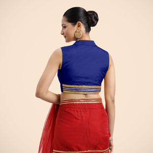  Avni x Tyohaar | Cobalt Blue Sleeveless FlexiFit™ Saree Blouse with Elegant Shawl Collar with Gota Lace Embellishment_4