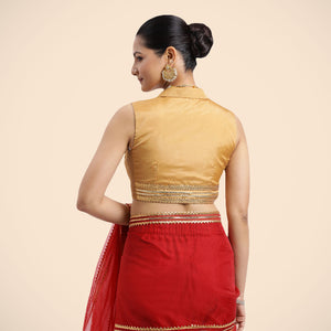  Avni x Tyohaar | Gold Sleeveless FlexiFit™ Saree Blouse with Elegant Shawl Collar with Gota Lace Embellishment_4