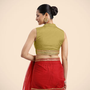 Avni x Tyohaar | Lemon Yellow Sleeveless FlexiFit™ Saree Blouse with Elegant Shawl Collar with Gota Lace Embellishment
