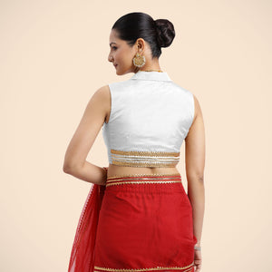  Avni x Tyohaar | Pearl White Sleeveless FlexiFit™ Saree Blouse with Elegant Shawl Collar with Gota Lace Embellishment_4
