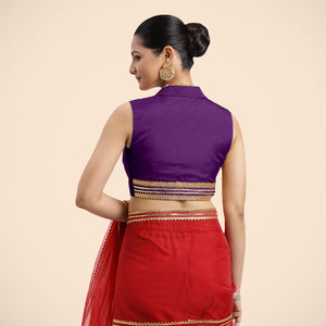  Avni x Tyohaar | Purple Sleeveless FlexiFit™ Saree Blouse with Elegant Shawl Collar with Gota Lace Embellishment_4