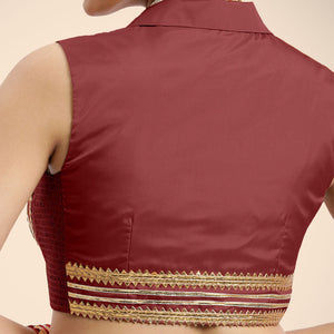  Avni x Tyohaar | Auburn Red Sleeveless FlexiFit™ Saree Blouse with Elegant Shawl Collar with Gota Lace Embellishment_5