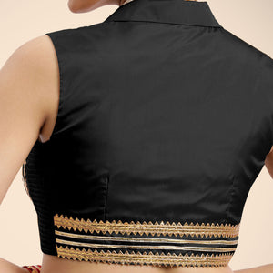  Avni x Tyohaar | Charcoal Black Sleeveless FlexiFit™ Saree Blouse with Elegant Shawl Collar with Gota Lace Embellishment_5