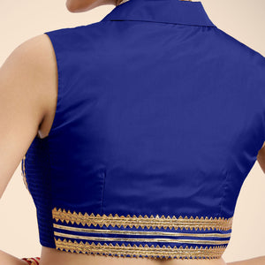  Avni x Tyohaar | Cobalt Blue Sleeveless FlexiFit™ Saree Blouse with Elegant Shawl Collar with Gota Lace Embellishment_5