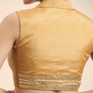  Avni x Tyohaar | Gold Sleeveless FlexiFit™ Saree Blouse with Elegant Shawl Collar with Gota Lace Embellishment_5