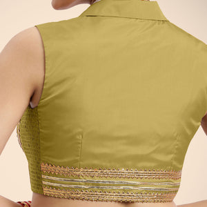  Avni x Tyohaar | Lemon Yellow Sleeveless FlexiFit™ Saree Blouse with Elegant Shawl Collar with Gota Lace Embellishment_5