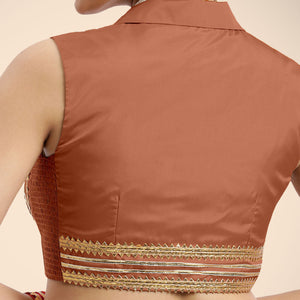 Avni x Tyohaar | Metallic Copper Sleeveless FlexiFit™ Saree Blouse with Elegant Shawl Collar with Gota Lace Embellishment_5