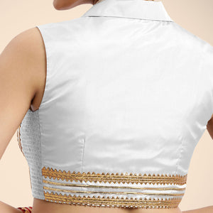  Avni x Tyohaar | Pearl White Sleeveless FlexiFit™ Saree Blouse with Elegant Shawl Collar with Gota Lace Embellishment_5