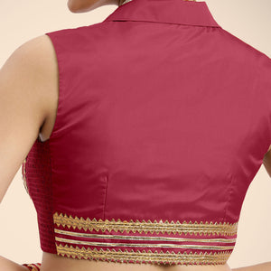 Avni x Tyohaar | Rani Pink Sleeveless FlexiFit™ Saree Blouse with Elegant Shawl Collar with Gota Lace Embellishment