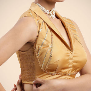  Avni x Tyohaar | Gold Sleeveless FlexiFit™ Saree Blouse with Elegant Shawl Collar with Gota Lace Embellishment_6