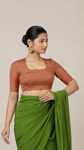  Aziza x Rozaana | Elbow Sleeves Saree Blouse in Metallic Copper_7