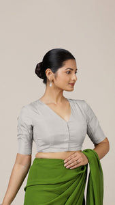  Begum x Rozaana | Elbow Sleeves Saree Blouse in Silver_1