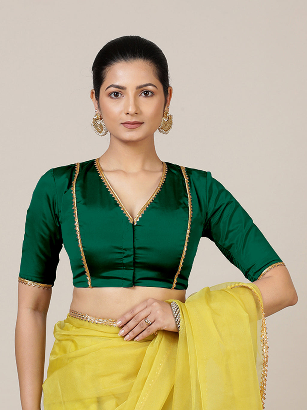 Begum Bottle Green Saree Blouse | Elbow Sleeves & Gota Patti - Shop Now ...